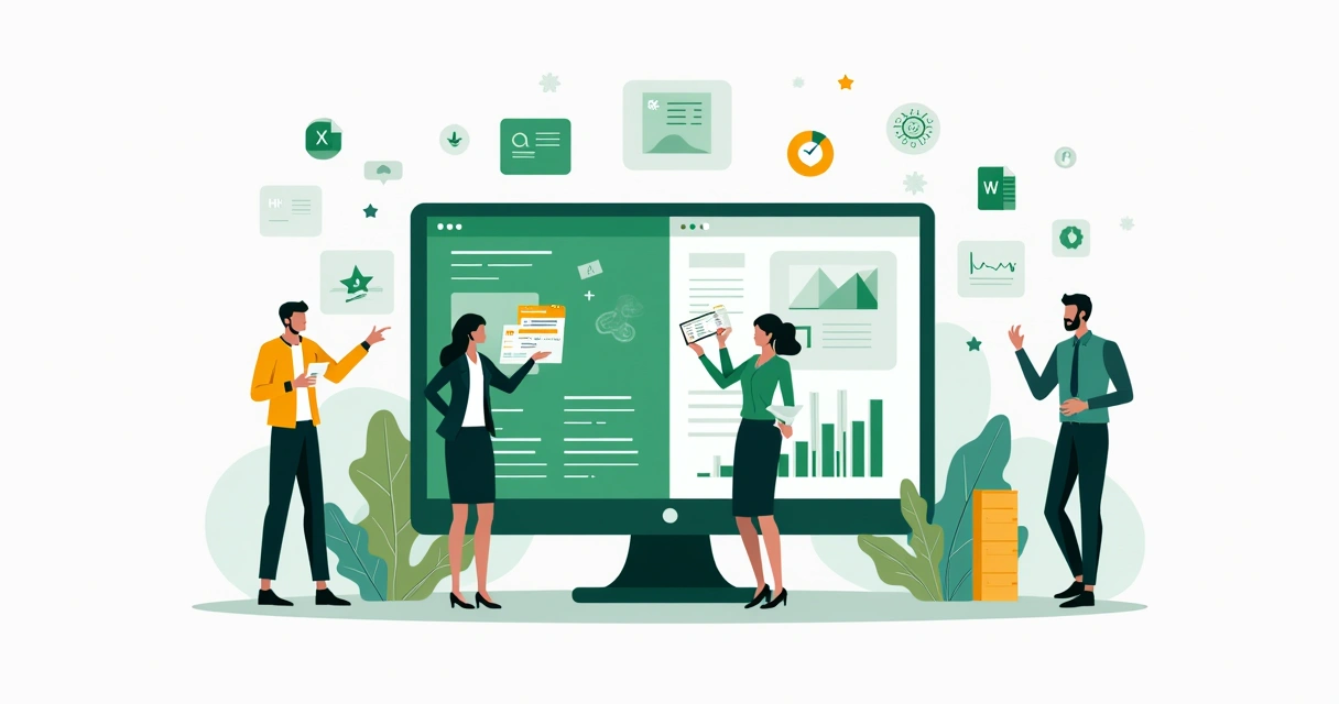 Ilustração de profissionais usando planilhas de Excel e Google Sheets com gráficos de negócios 