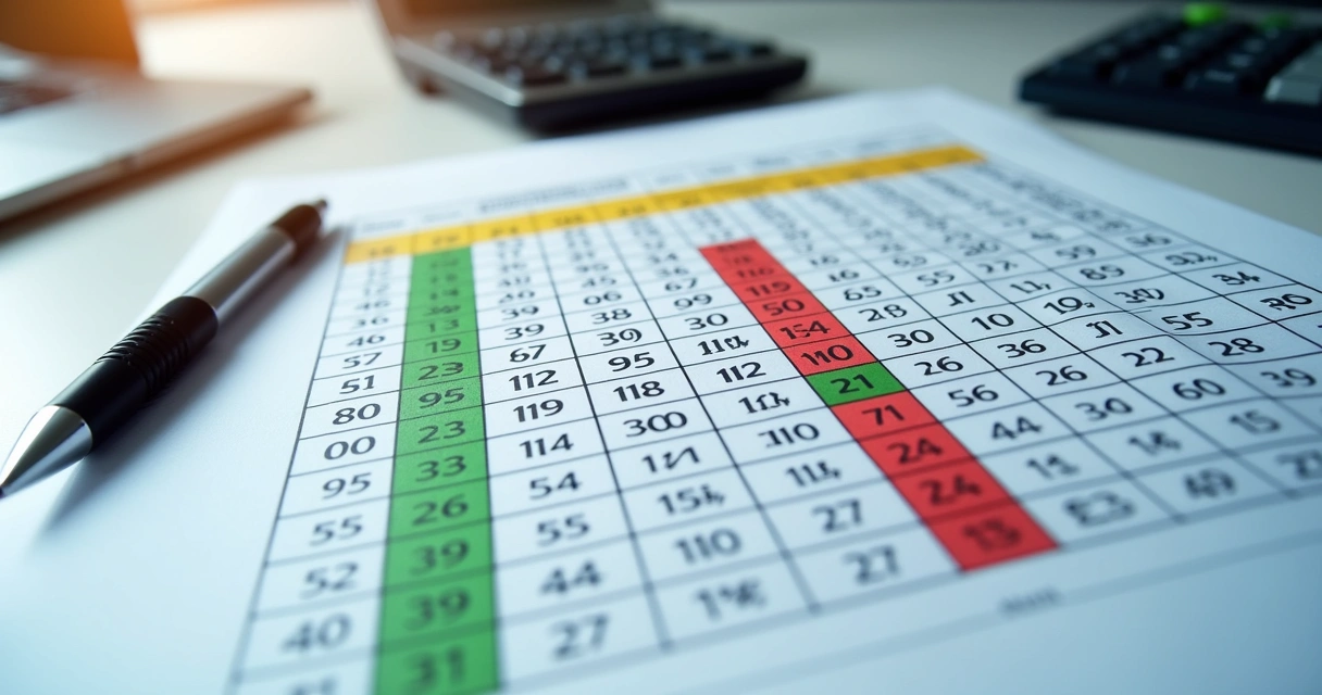 Planilha colorida com dezenas da Mega-Sena organizadas em tabelas 