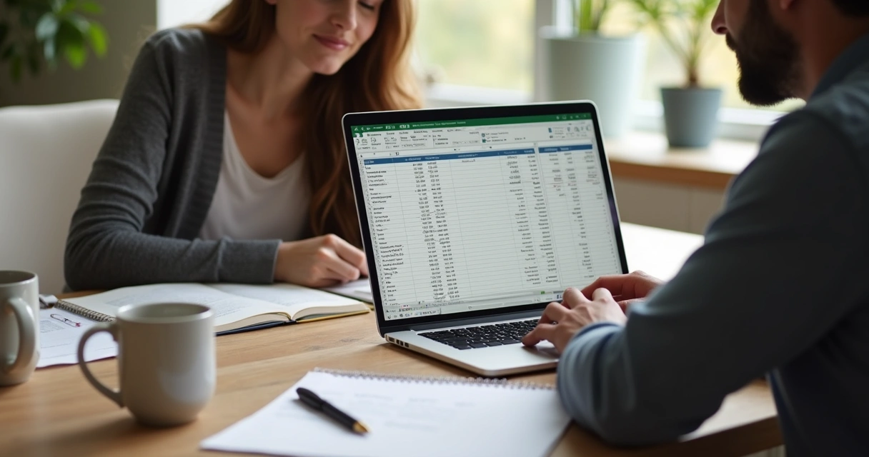 Planilha de orçamento doméstico aberta na mesa, mostrando colunas de receitas e despesas. 