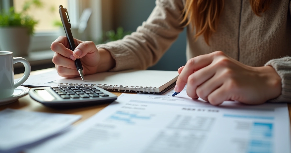 Mãos preenchendo planilha de planejamento financeiro 