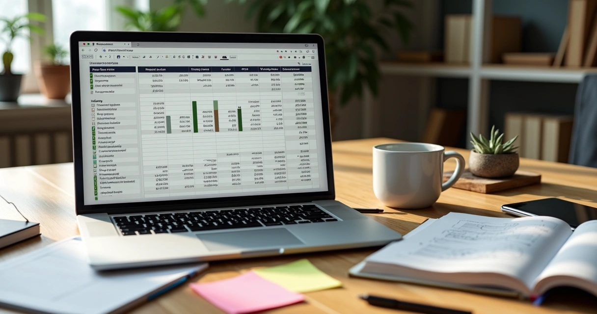 Tela de computador exibindo planilha de controle financeiro e notas adesivas ao lado