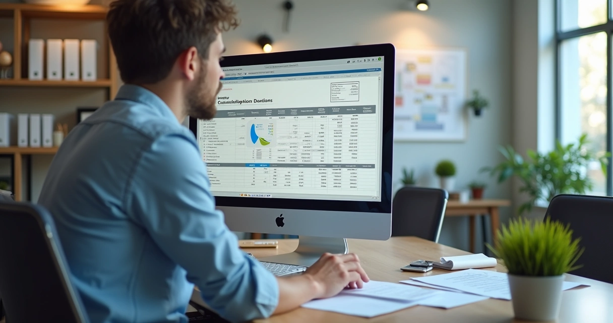 Empreendedor analisando planilha de custos em computador em escritório 