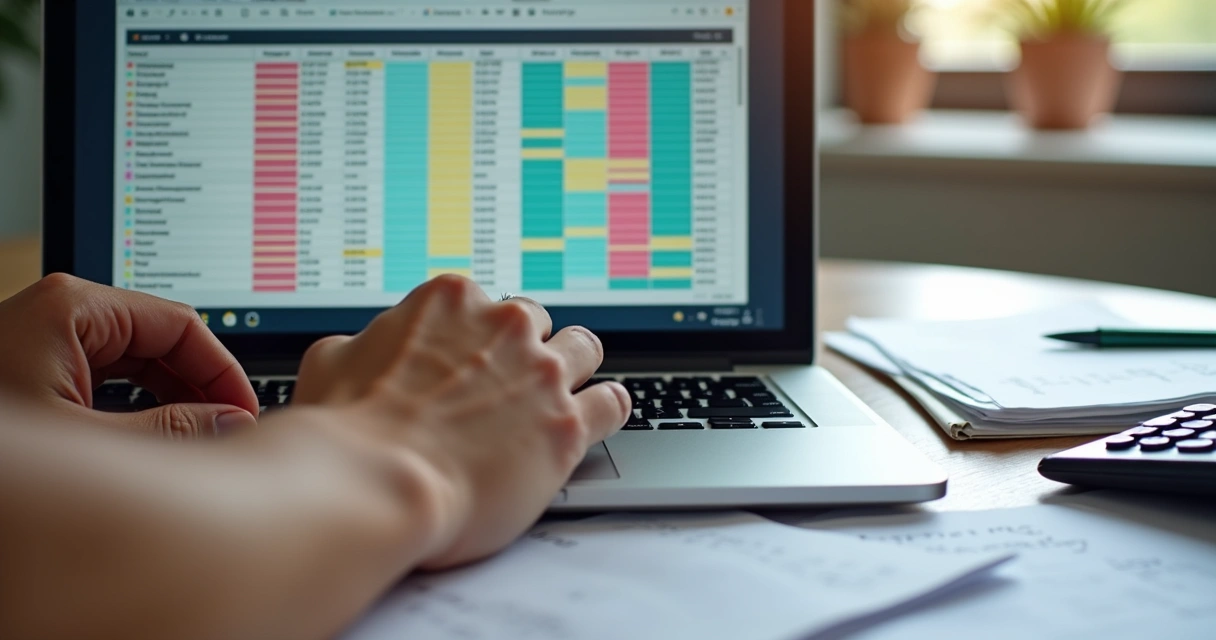 Pessoa preenchendo planilha de custos de mudança em notebook 