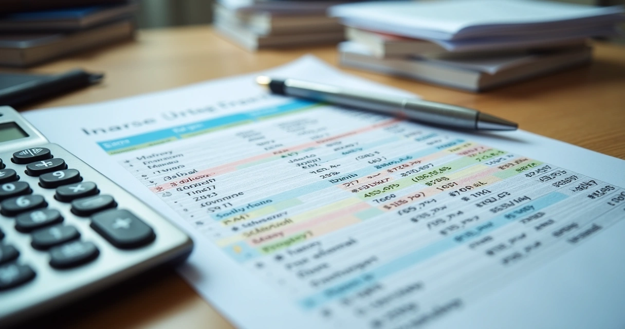 Planilha de fluxo de caixa ao lado de uma calculadora em mesa de escritório 