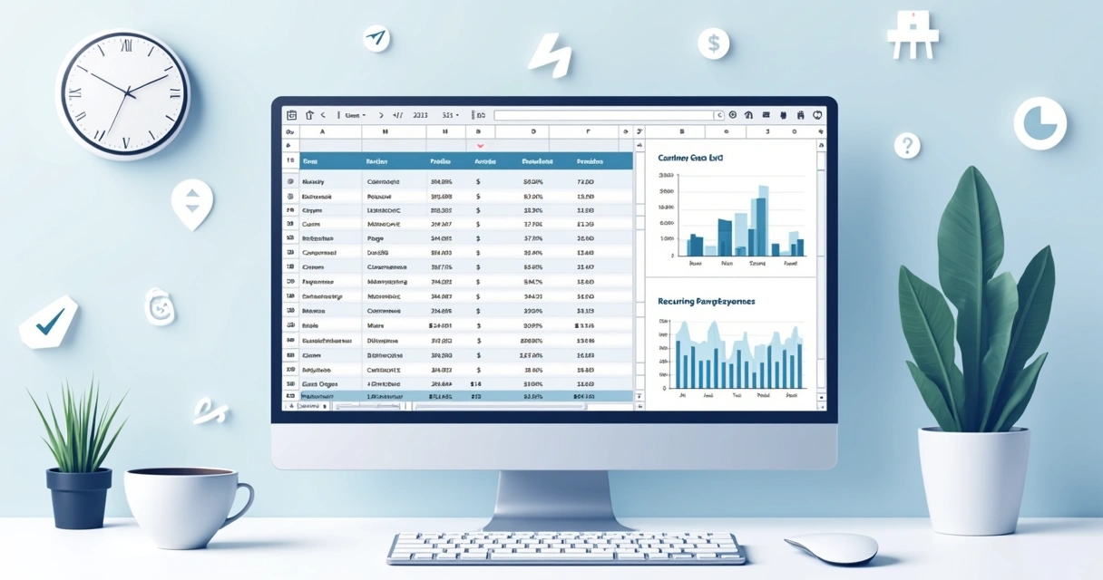 Ilustração corporativa flat de planilha de fluxo de caixa no Excel com gráficos e categorias de receitas e despesas para SaaS 