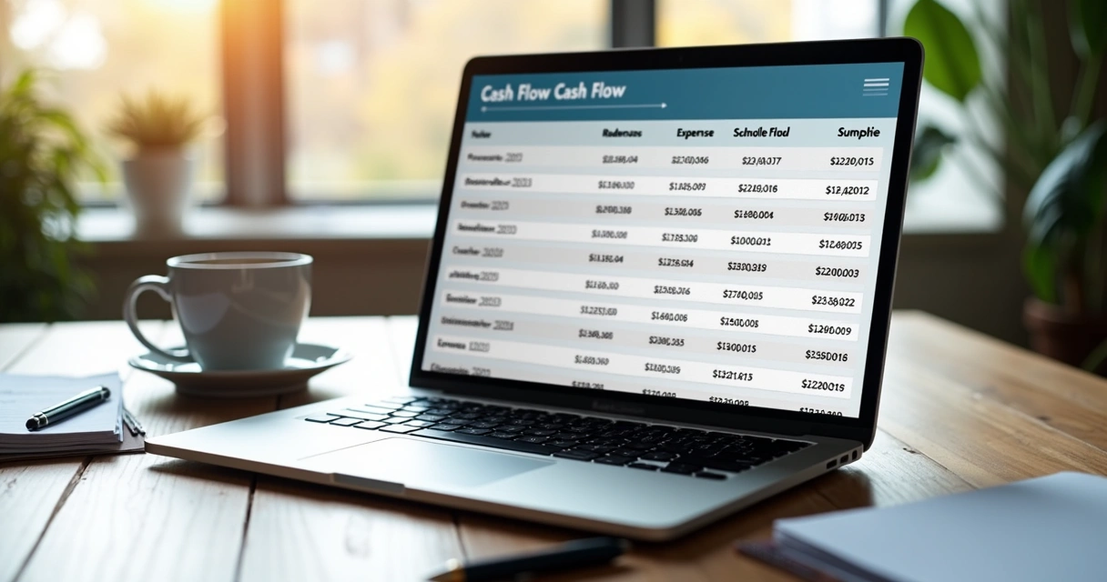 Planilha simples de fluxo de caixa aberta em notebook em mesa de escritório 