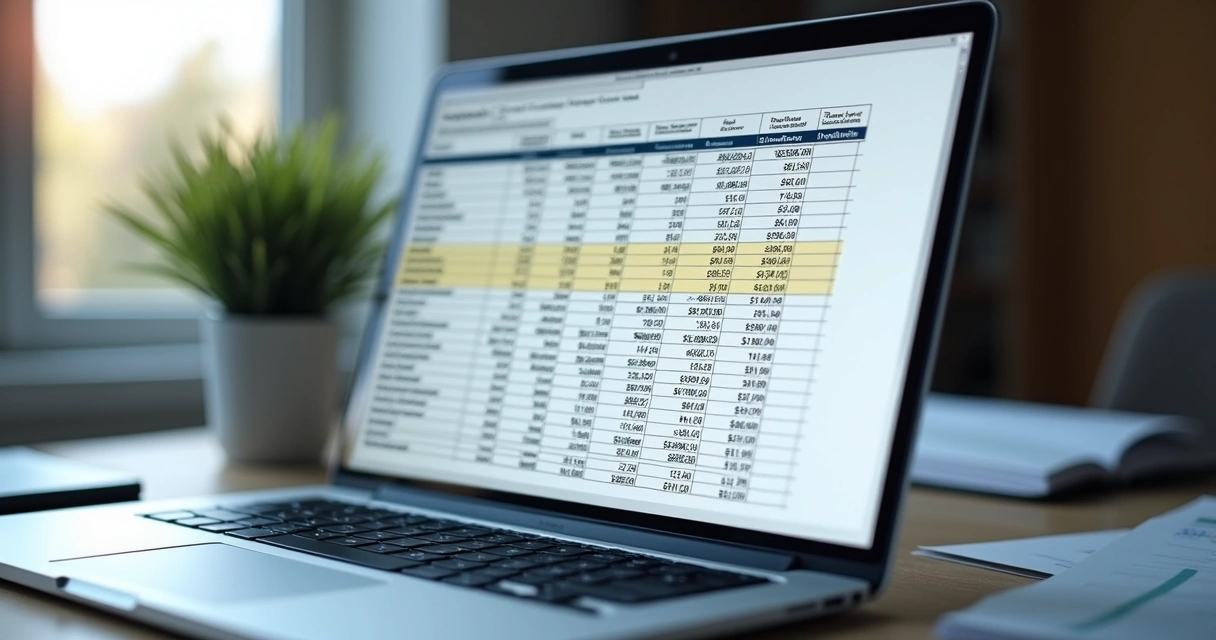 Planilha de fluxo de caixa detalhada por etapas de um projeto em tela de notebook. 