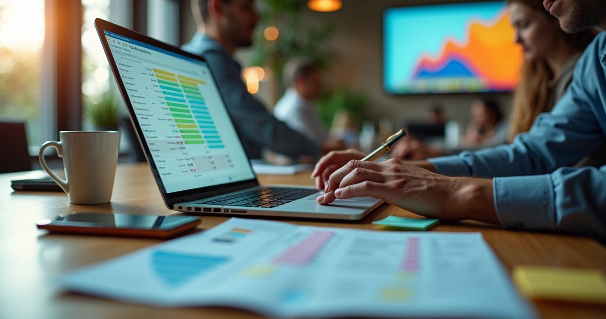 Profissional de vendas atualizando planilha de follow up em laptop com anotações sobre clientes 