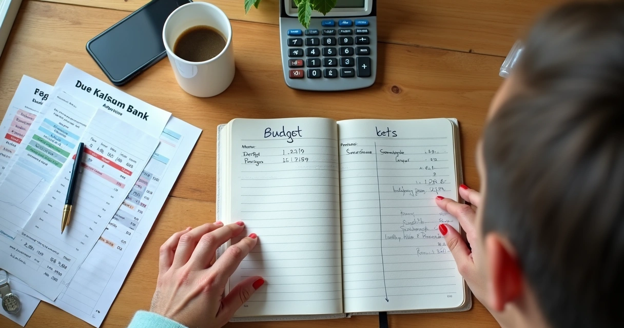 Caderno com planilha de gastos e calculadora sobre a mesa 