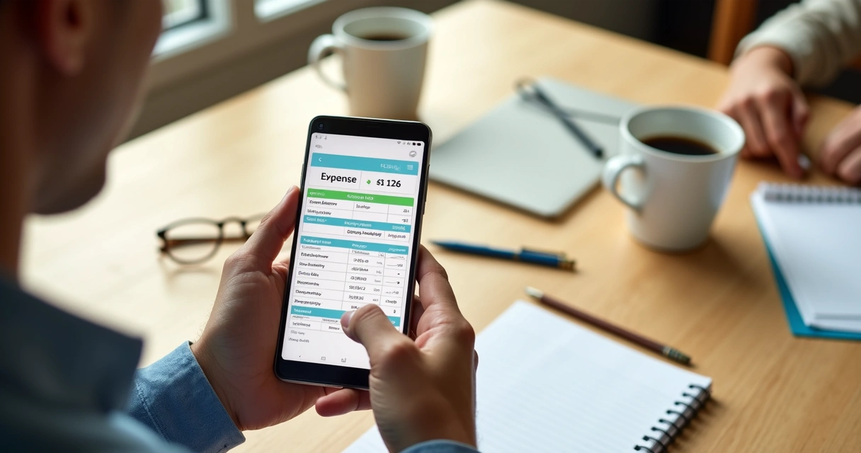 Celular com planilha de gastos aberta, ao lado de anotações em papel e canetas em cima de mesa 