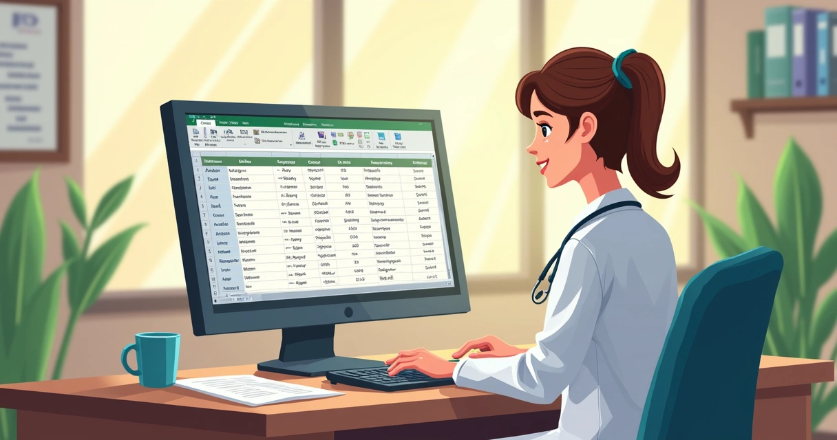 Veterinário trabalha em frente a computador com planilha aberta em tela, ambiente simples e informal 