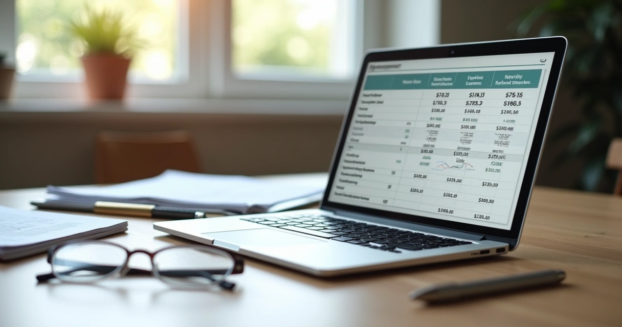 Planilha simples de gestão financeira aberta em notebook 