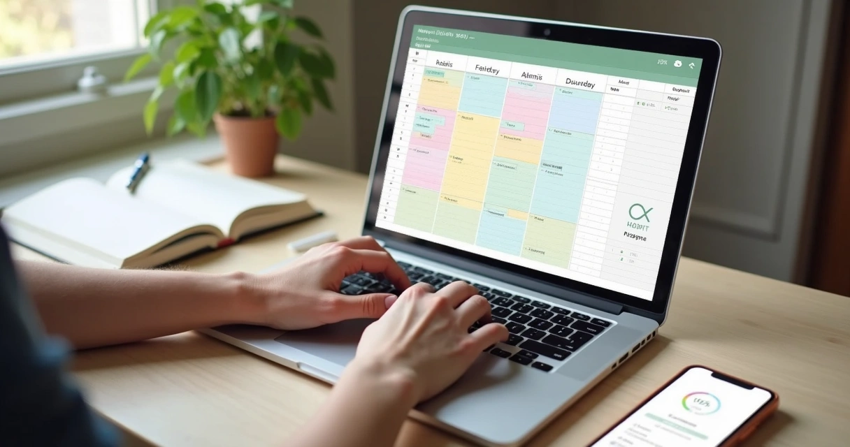 Pessoa atualizando planilha de hábitos colorida em notebook com gráfico de progresso 