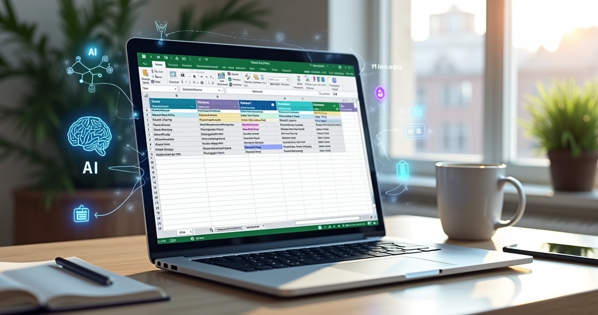 Planilha de Excel aberta em notebook com ícones de inteligência artificial flutuando ao redor 