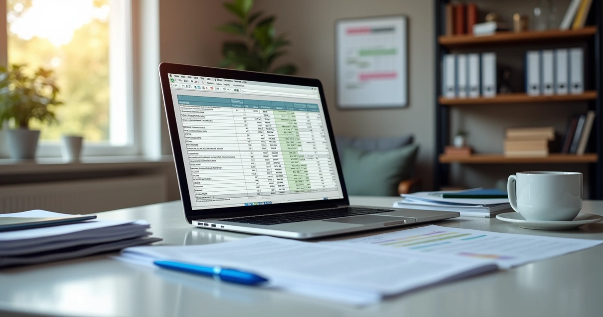 Mesa de escritório com laptop aberto exibindo planilha de imigração, documentos organizados, caneta azul e café ao lado 