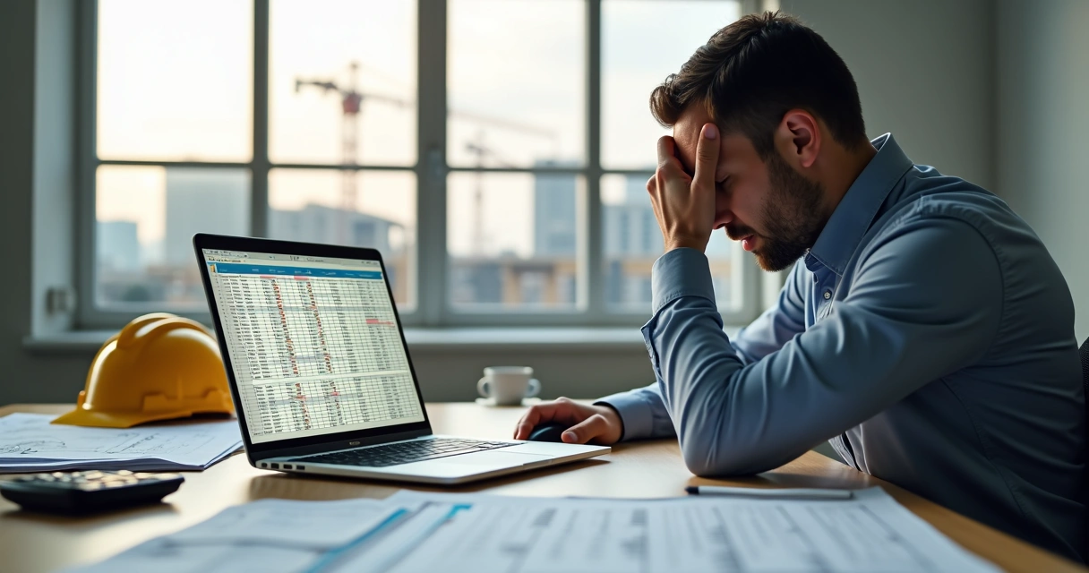 Engenheiro preocupado analisando planilha de INSS de obra em notebook 