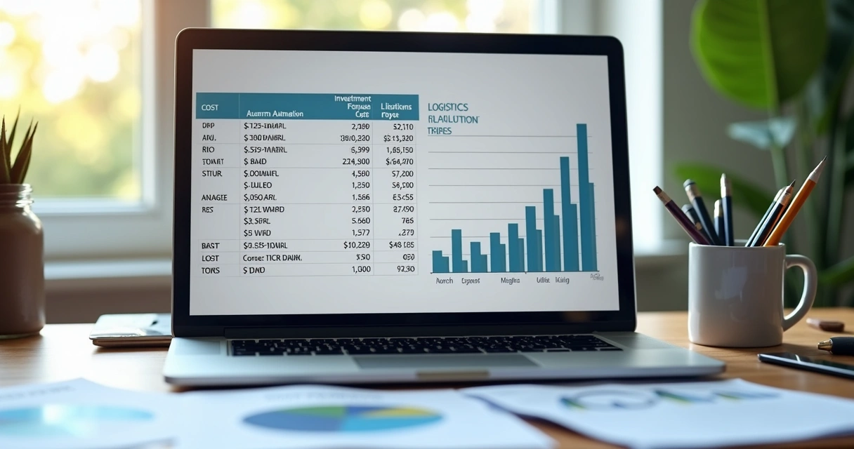 Planilha e gráficos mostrando investimento e retorno em projeto de automação na logística. 