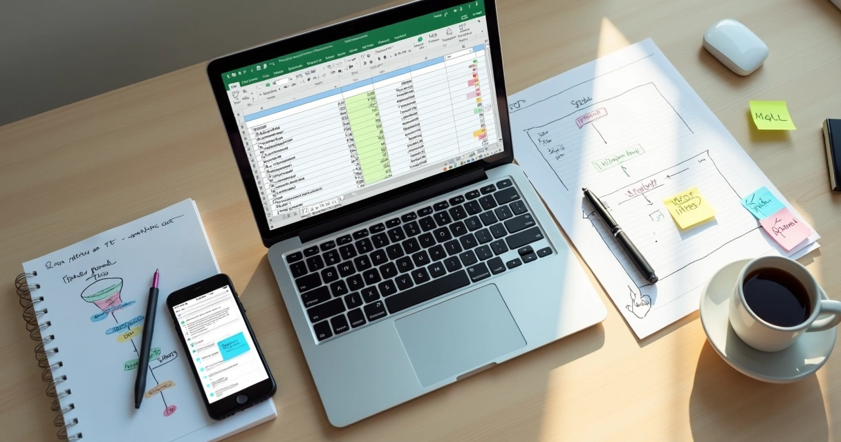 Planilha de lista de prospecção B2B aberta em notebook com anotações ao redor 