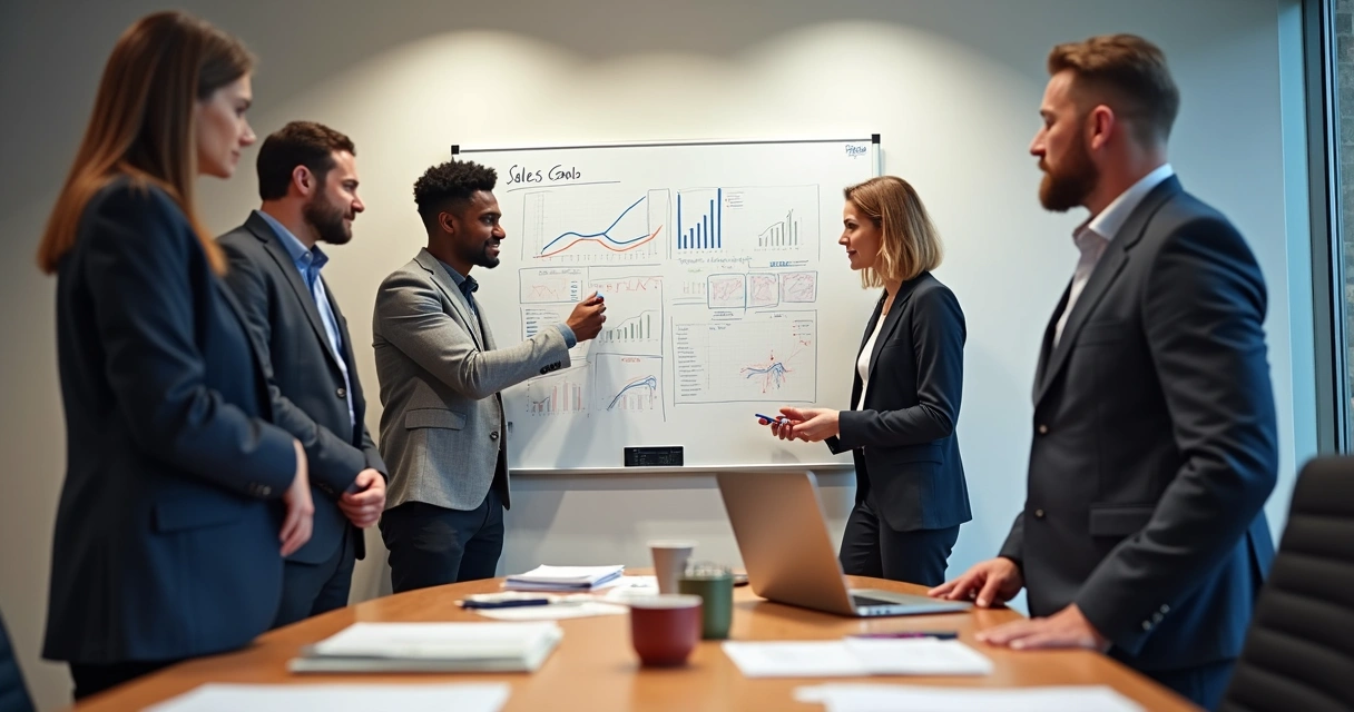 Equipe reunida em torno de uma grande planilha de metas na parede 