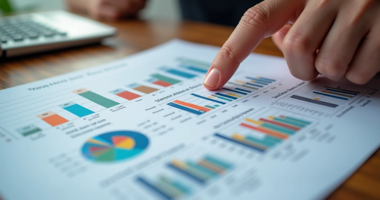 Mão apontando gráficos e multiplicadores de investimentos em uma planilha. 