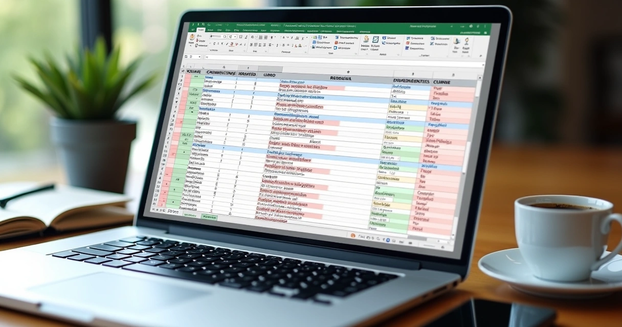 Planilha aberta com colunas de termos negativos, detalhes coloridos, ao lado de um notebook ligado 
