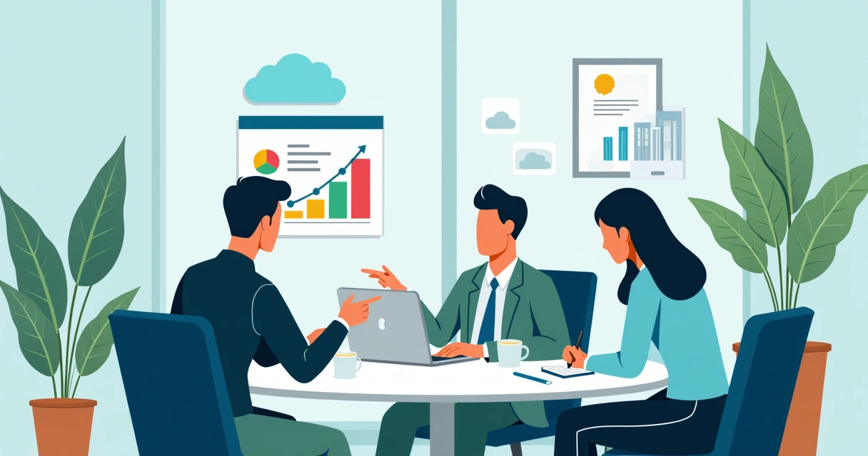 Equipe técnica olhando relatório de comissões em planilha na nuvem