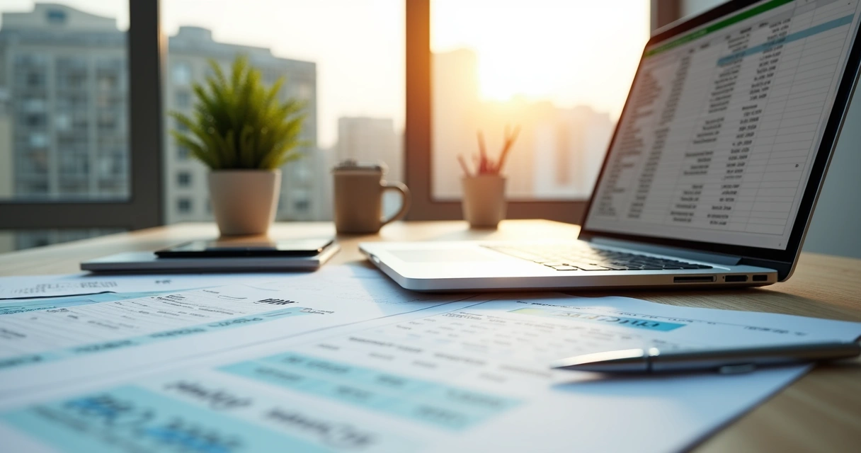 Planilha de obra aberta em notebook com documentos fiscais ao redor 