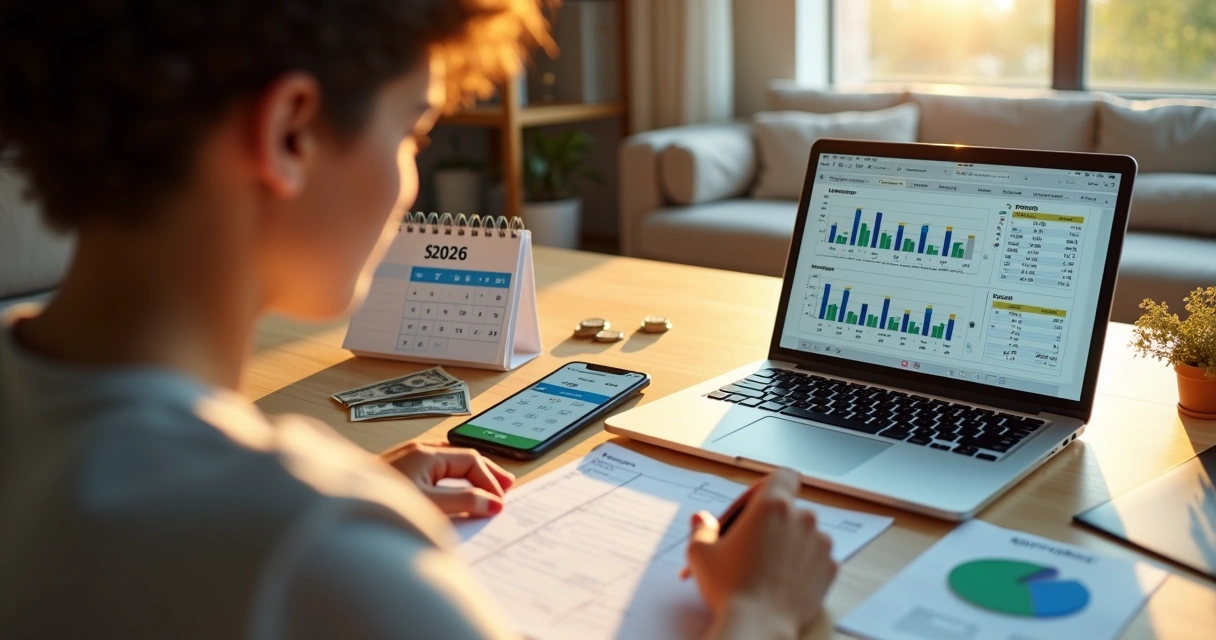 Jovem organizando planilha de orçamento com foco em gastos de aluguel 