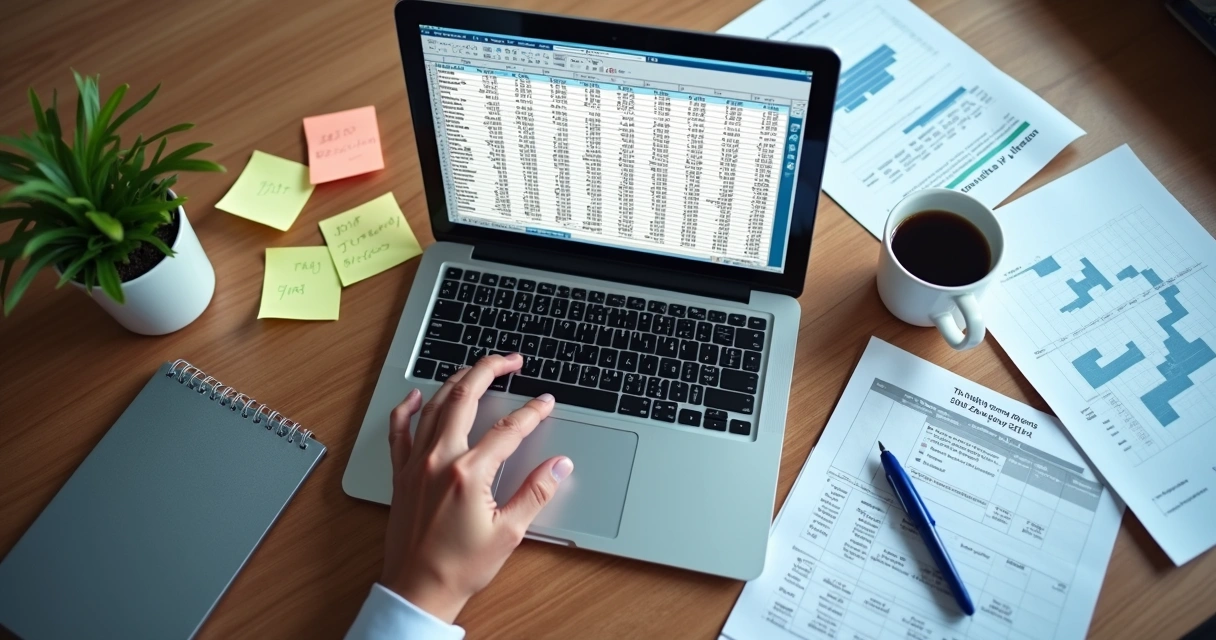 Planilha de orçamento sendo preenchida com gráficos e notas ao redor 