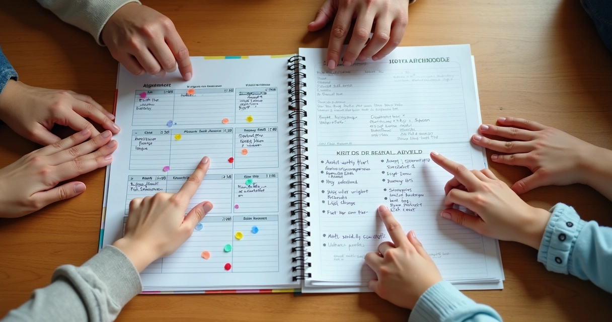 Planilha familiar de organização de guarda e visitas, com marcações em calendário e detalhes anotados