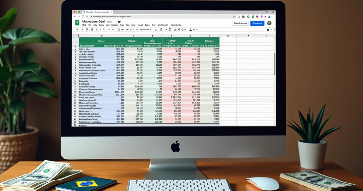 Planilha de planejamento financeiro internacional com colunas de moedas diferentes. 