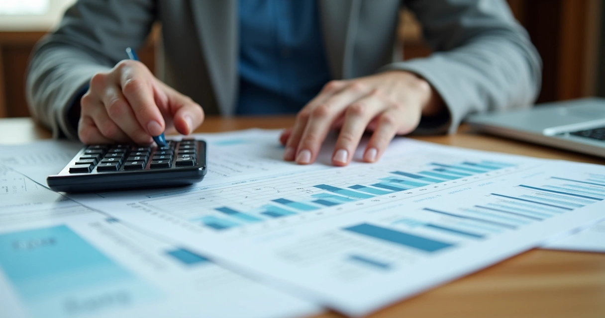 Pessoa preenchendo planilha de planejamento tributário com calculadora 