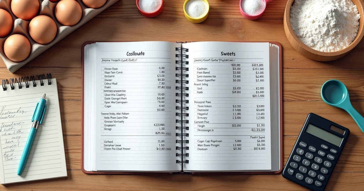 Mesa com planilha de precificação de doces, ingredientes, calculadora e caderno de anotações 