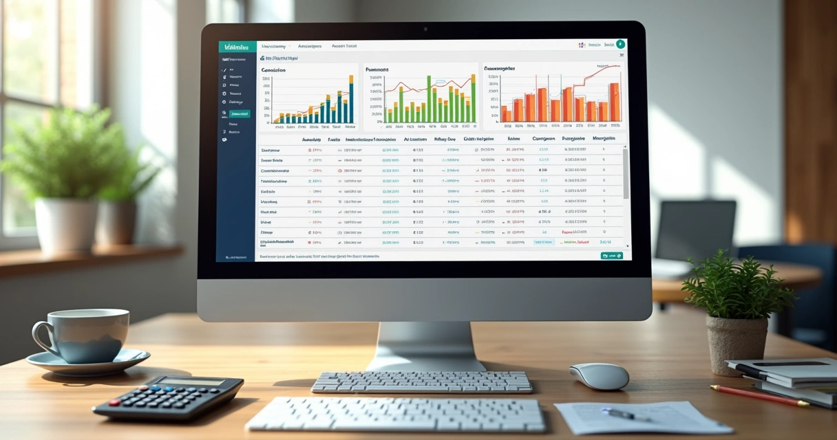 Tela de computador mostrando planilha automatizada com cálculos de margem de lucro para marketplace, com gráficos coloridos e dados financeiros organizados 