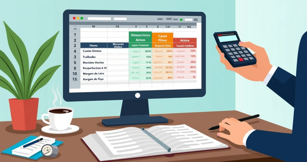 Planilha colorida de precificação com colunas de custos, horas e lucros 