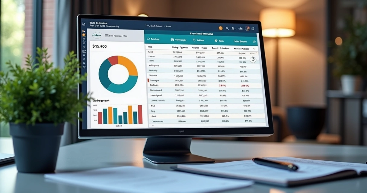Computador exibindo planilha digital de tabela de preços de BPO financeiro em ambiente de escritório moderno e iluminado 