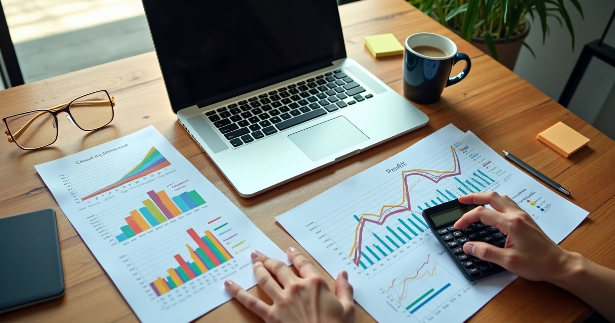 Planilha com cálculos financeiros e gráfico de lucros sobre mesa de escritório 