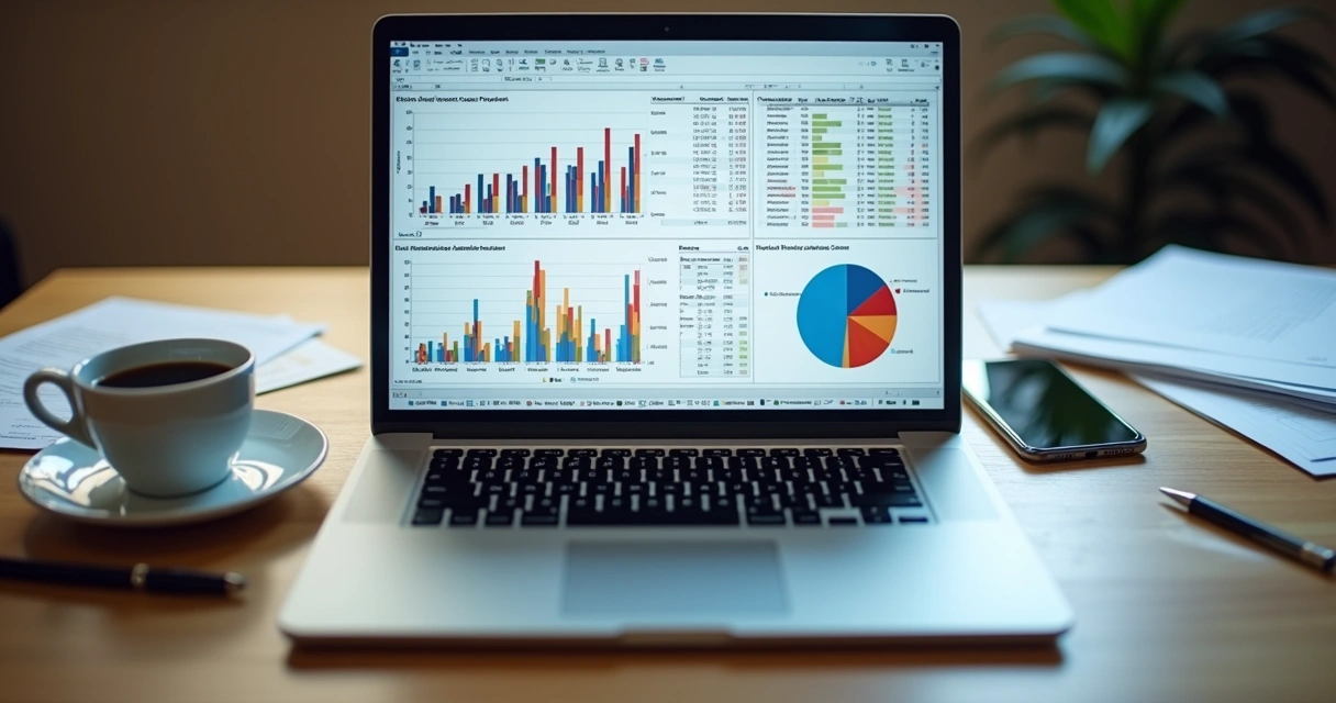 Planilha de projeção de vendas aberta em laptop, tabela e gráficos coloridos
