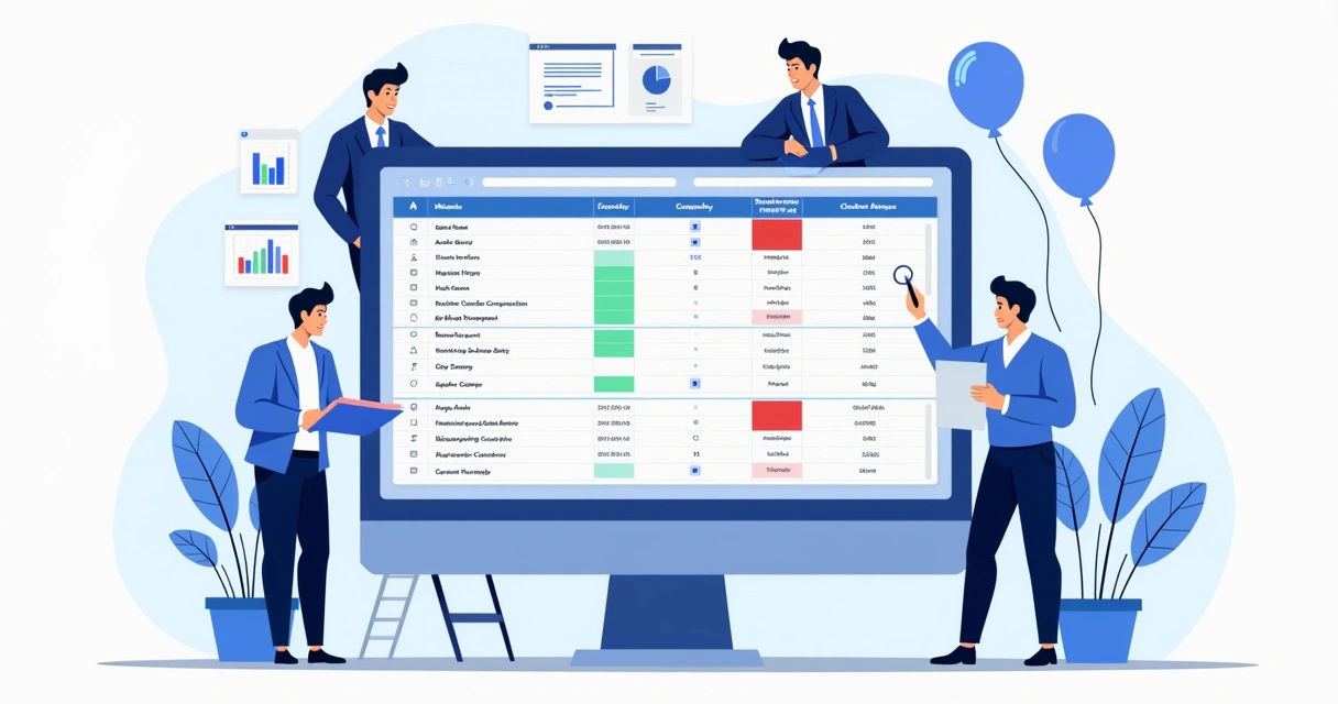 Ilustração de uma planilha digital preenchida com dados de clientes, métricas e cores para status de vendas 
