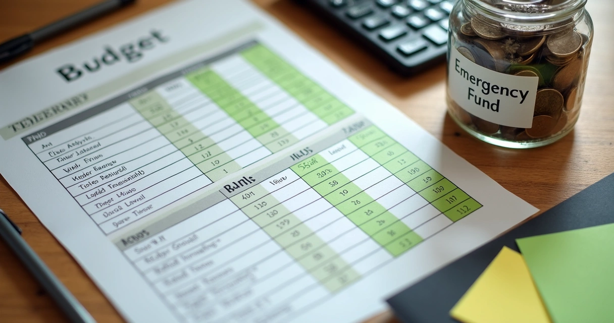 Planilha de gastos ao lado de cofrinho e calculadora 