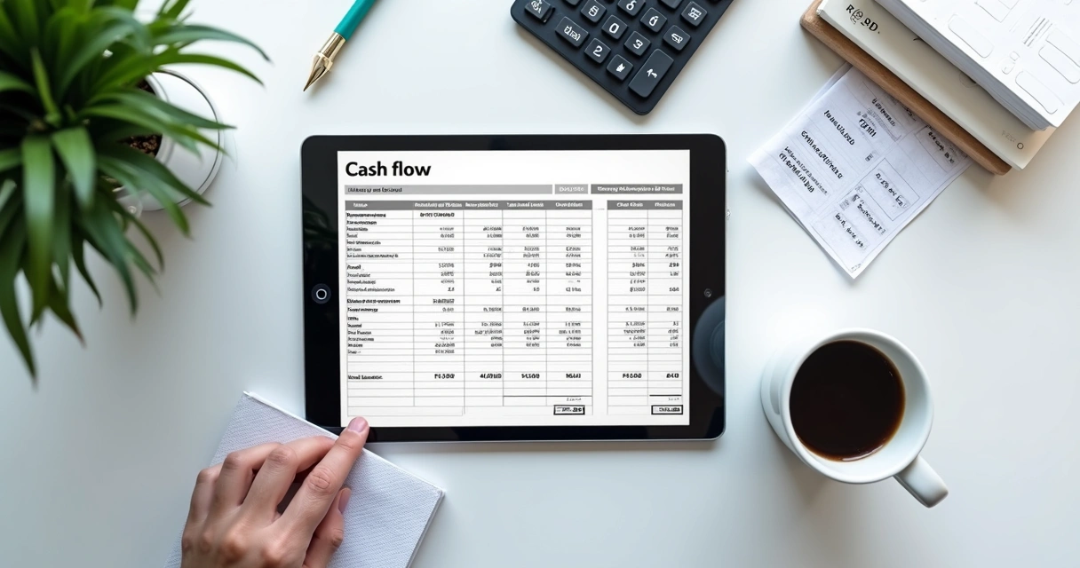 Planilha digital aberta com tabela colorida destacando fluxo de caixa de lavanderia 