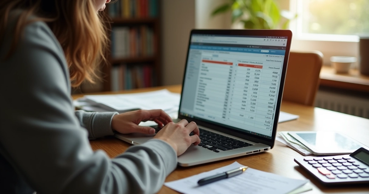 Pessoa revisando planilha de orçamento pessoal em notebook