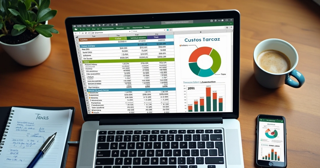 Planilha aberta no notebook mostrando simulação de precificação com várias colunas e gráfico destacado
