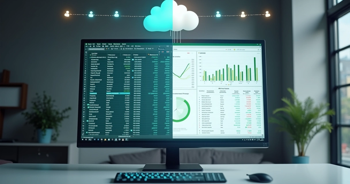 Tela dividida mostrando planilha Excel se transformando em painel SaaS na nuvem 