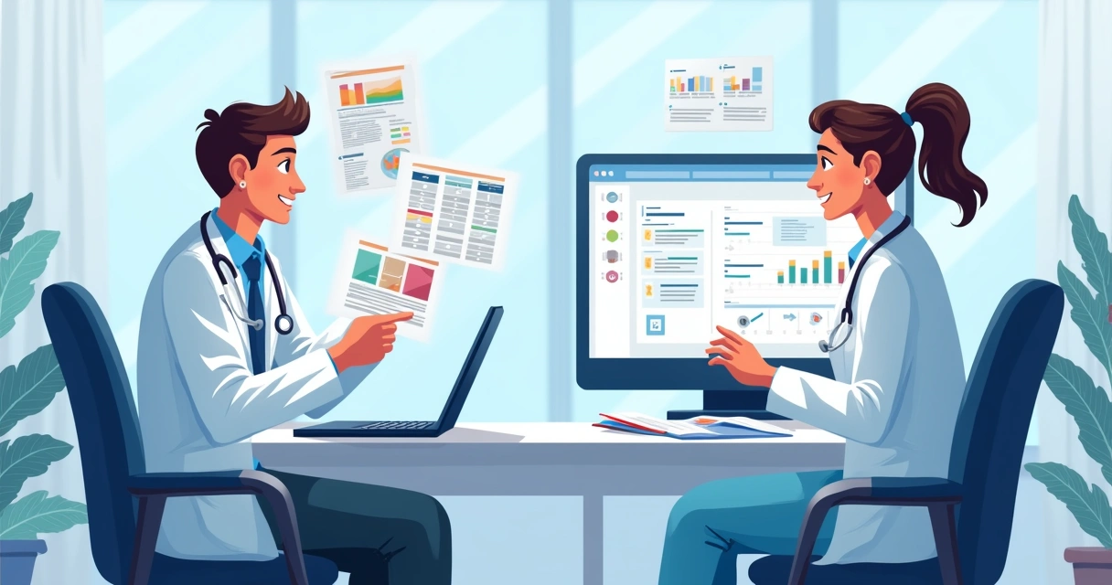 Comparação visual entre planilha em computador e software médico em tela digital 