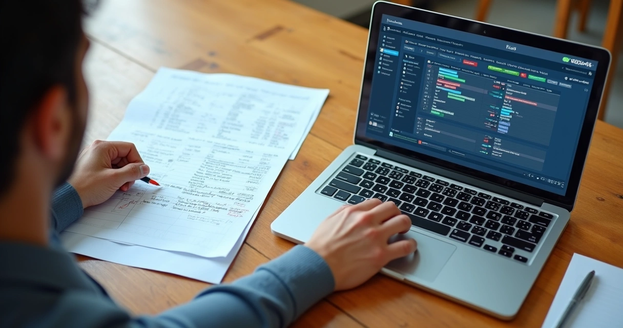 Pessoa comparando planilha e tela de ERP