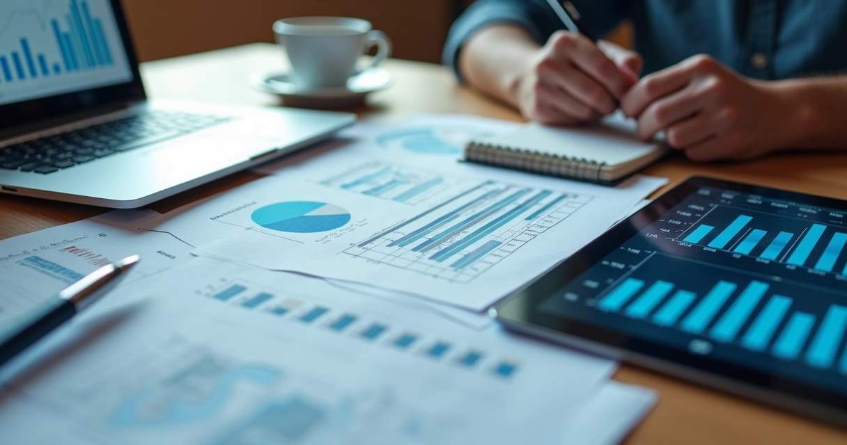 Planilhas e apresentação econômica sobre mesa de trabalho 