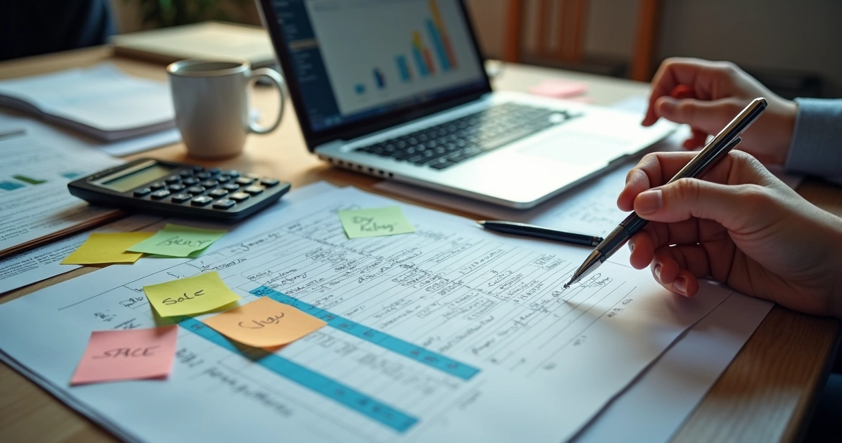 Mesa bagunçada com papéis, planilhas e notas sobre vendas 