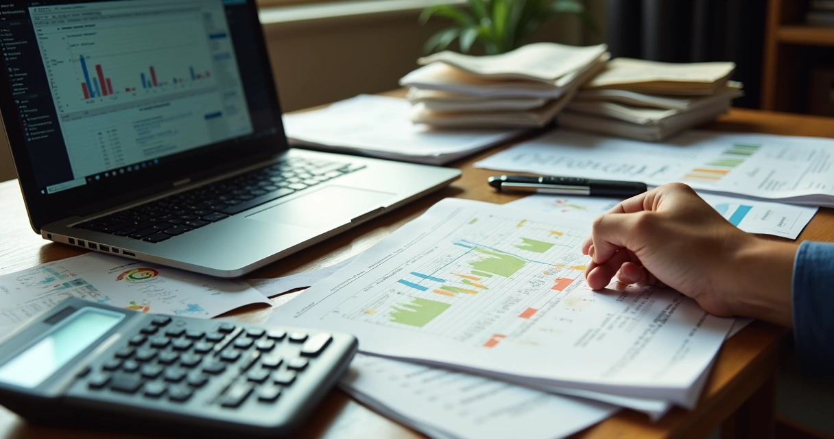 Planilhas de despesas e relatórios financeiros confusos sobre a mesa 