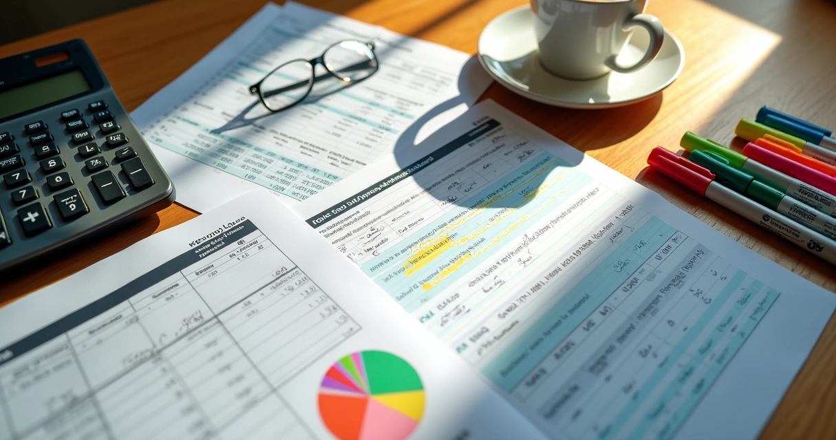 Vista de cima de uma mesa com planilhas e calculadora, simbolizando controle financeiro 